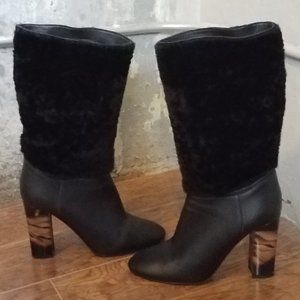 BURBERRY Black Leather and Shearling Tortoise Shell Block  Heel Boots